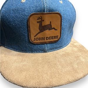 Vintage John Deere Denim Blue Hat Leather Patch Strapback Adjustable Cap-SBB4.13